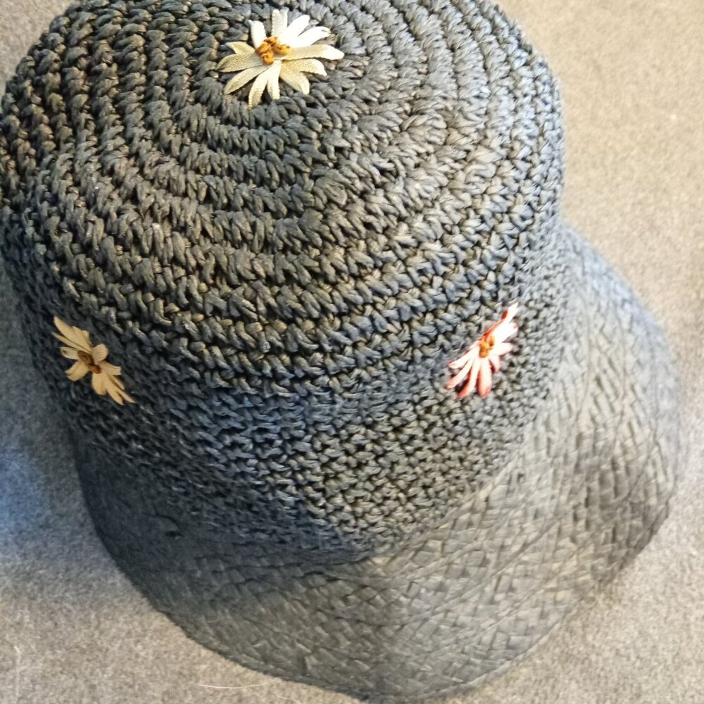 Summer Hat Black with Pink and Yellow Flowers with brim